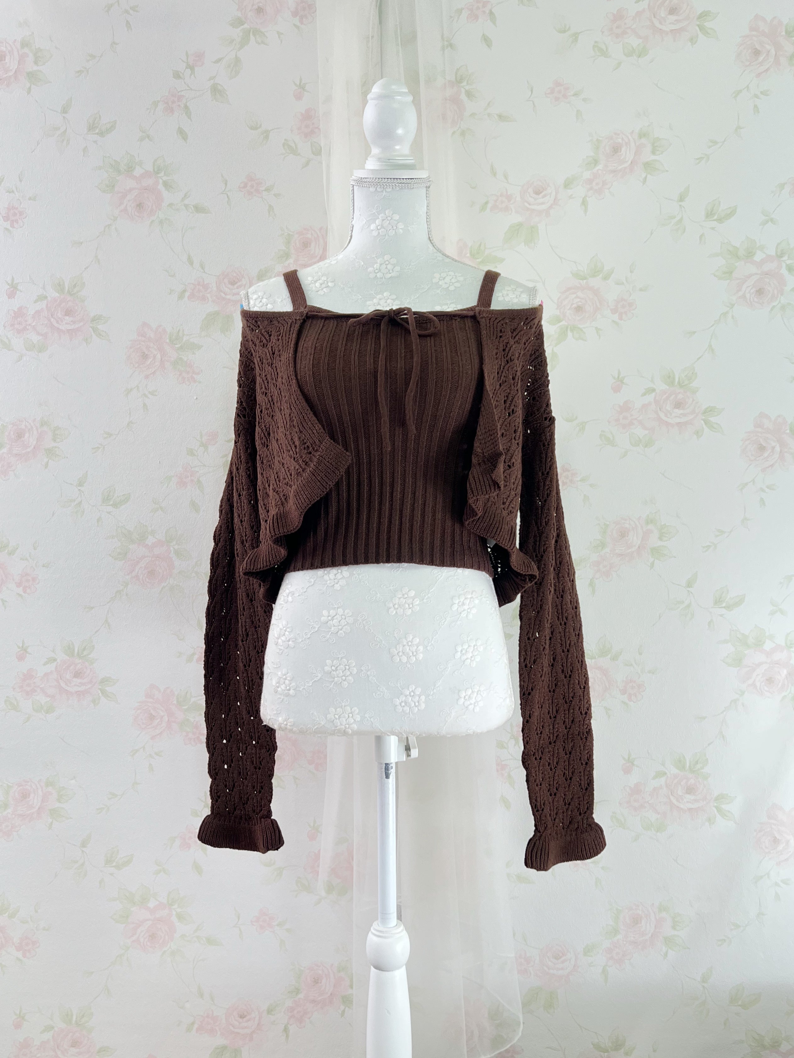 Ruffled Hem Knitted Camisole Cardigan Set (Chocolate)