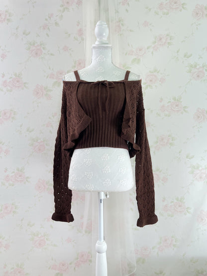 GRL Ruffled Hem Knitted Camisole Cardigan Set (Chocolate)