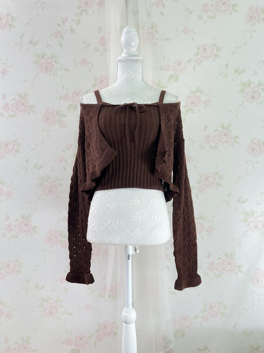 GRL Ruffled Hem Knitted Camisole Cardigan Set (Chocolate)