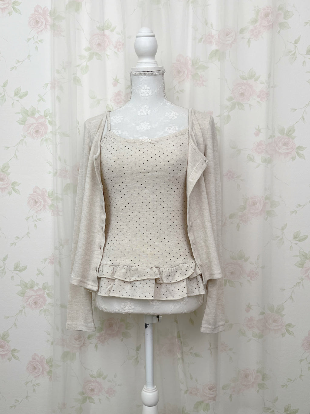 Polka Dot Cardigan Camisole Set (Beige)