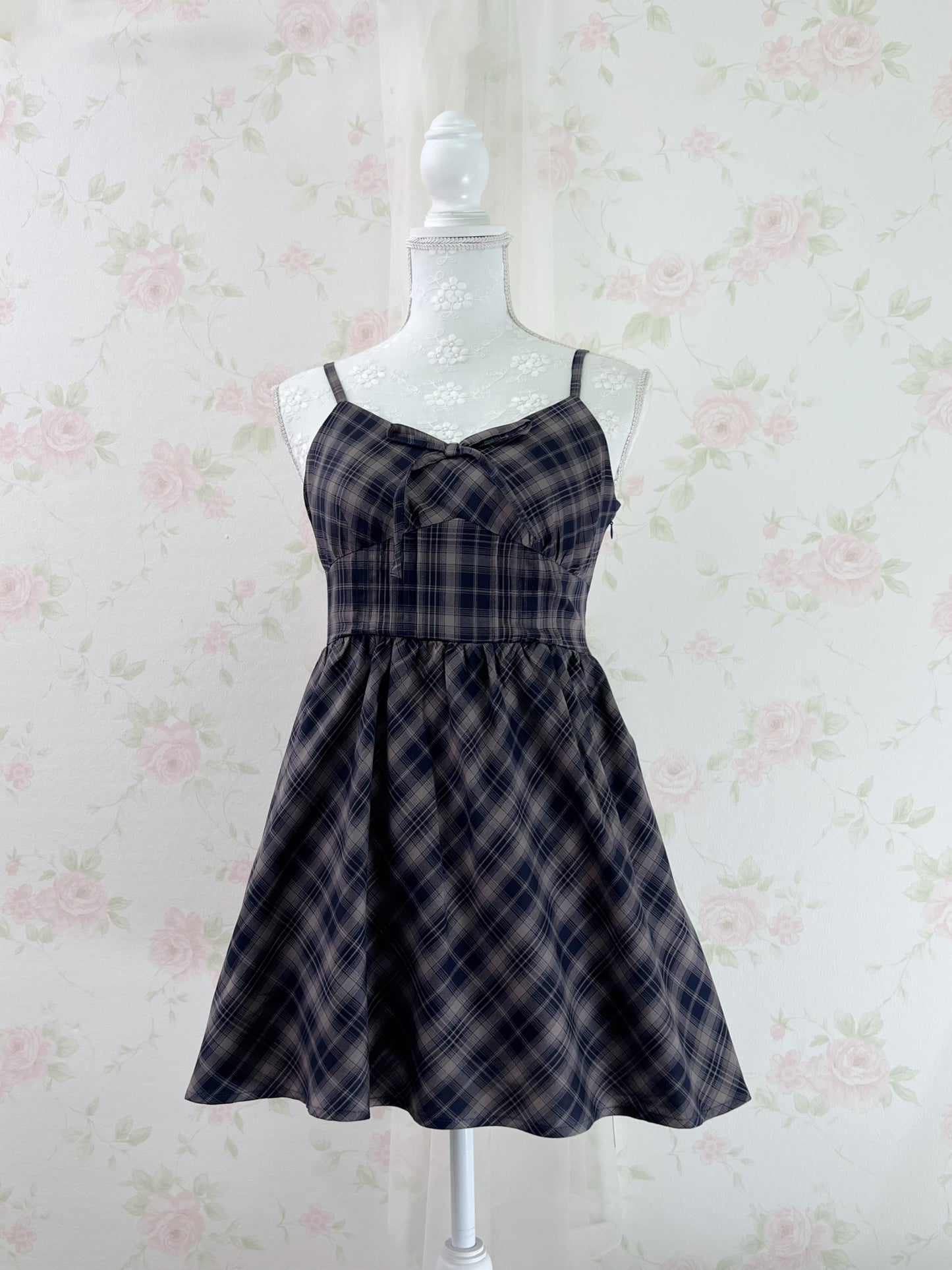GRL Corset Camisole Checked Dress (Navy)