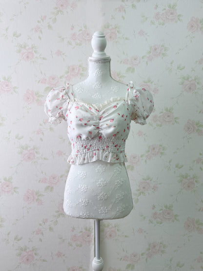 bobon21 Floral Puff Sleeve Short Blouse