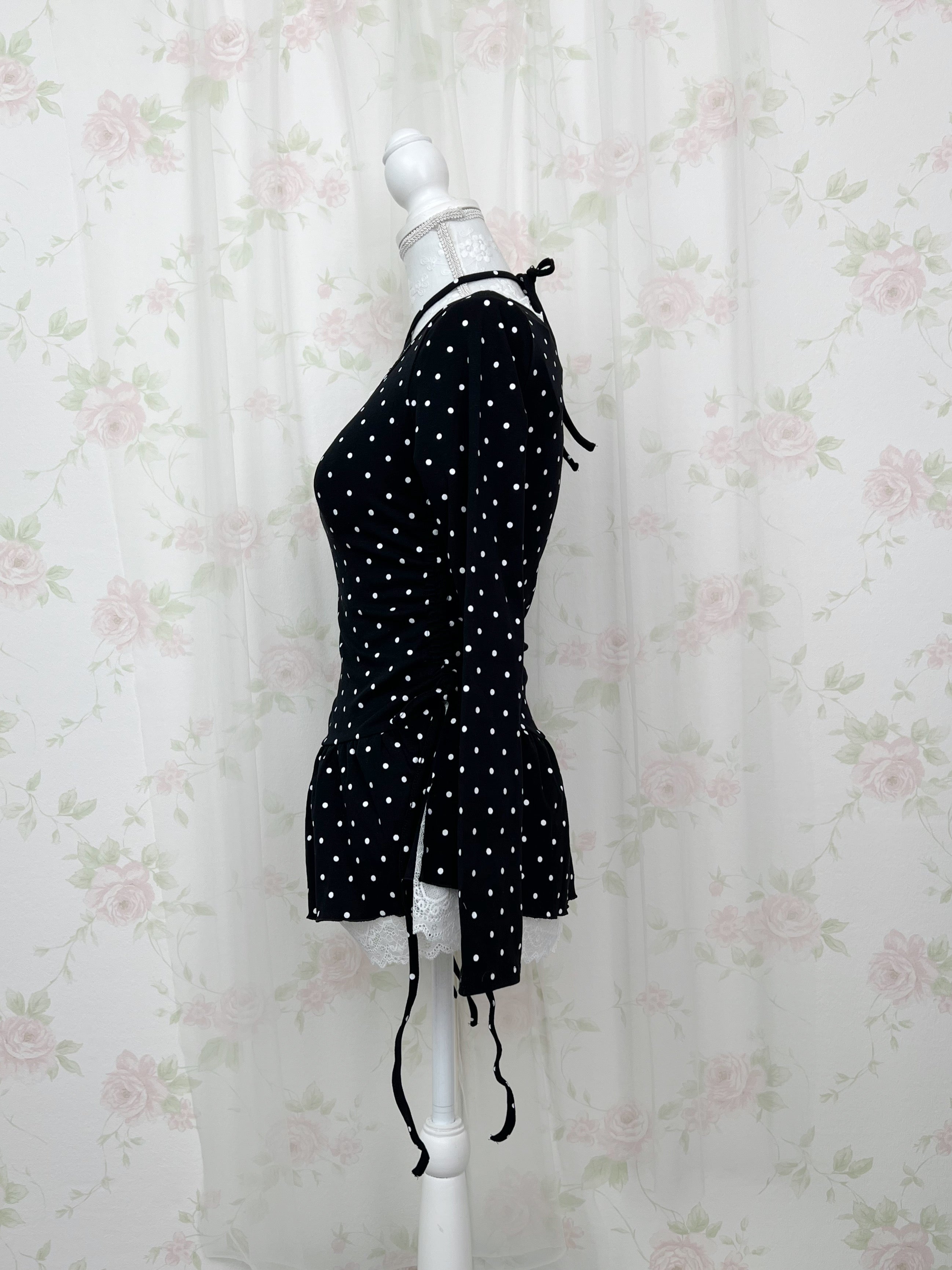 Halter Neck Polka Dot Tunic Top (Black)