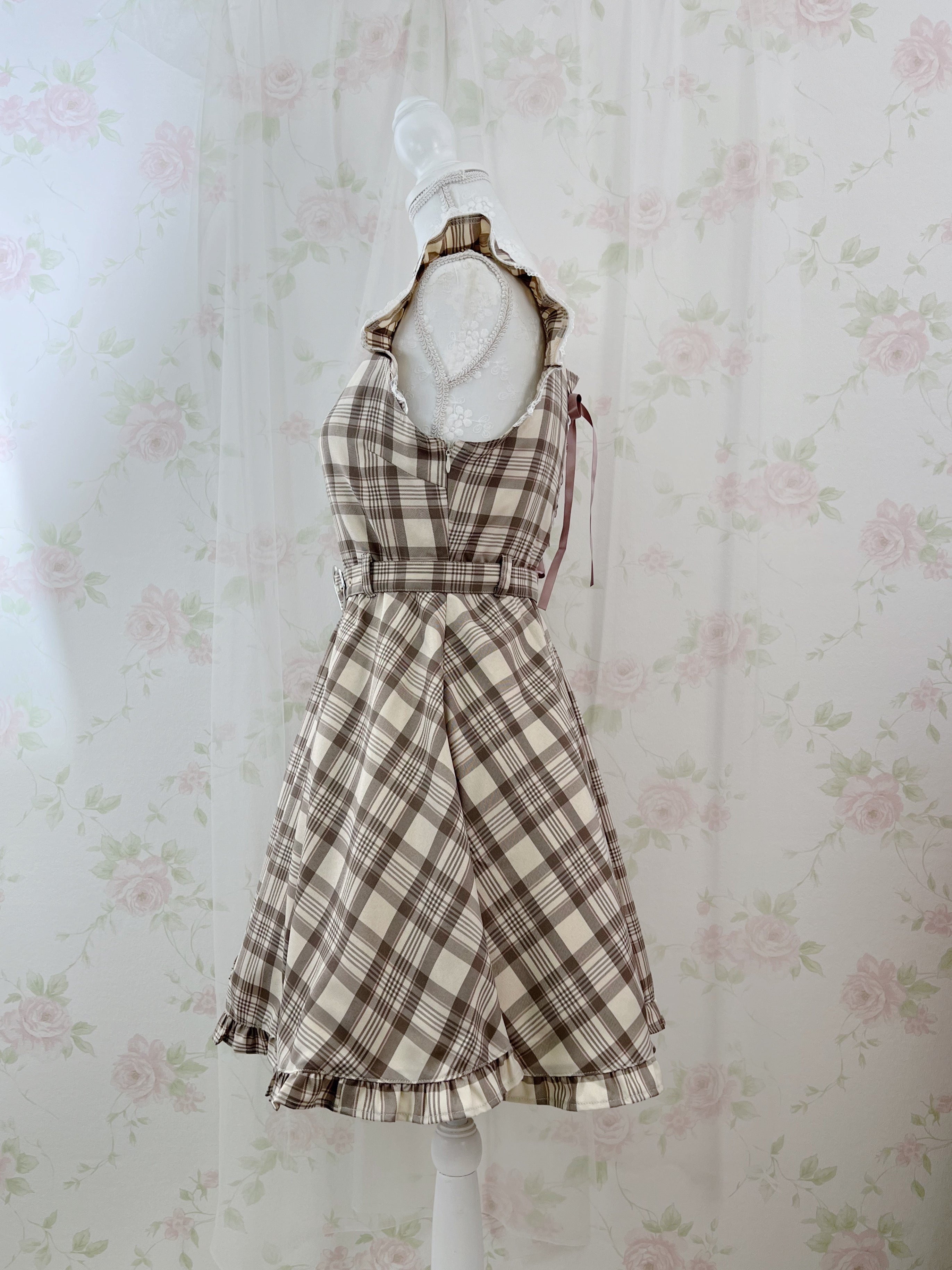 Honey Cinnamon Heart Buckle Belt Checked Dress