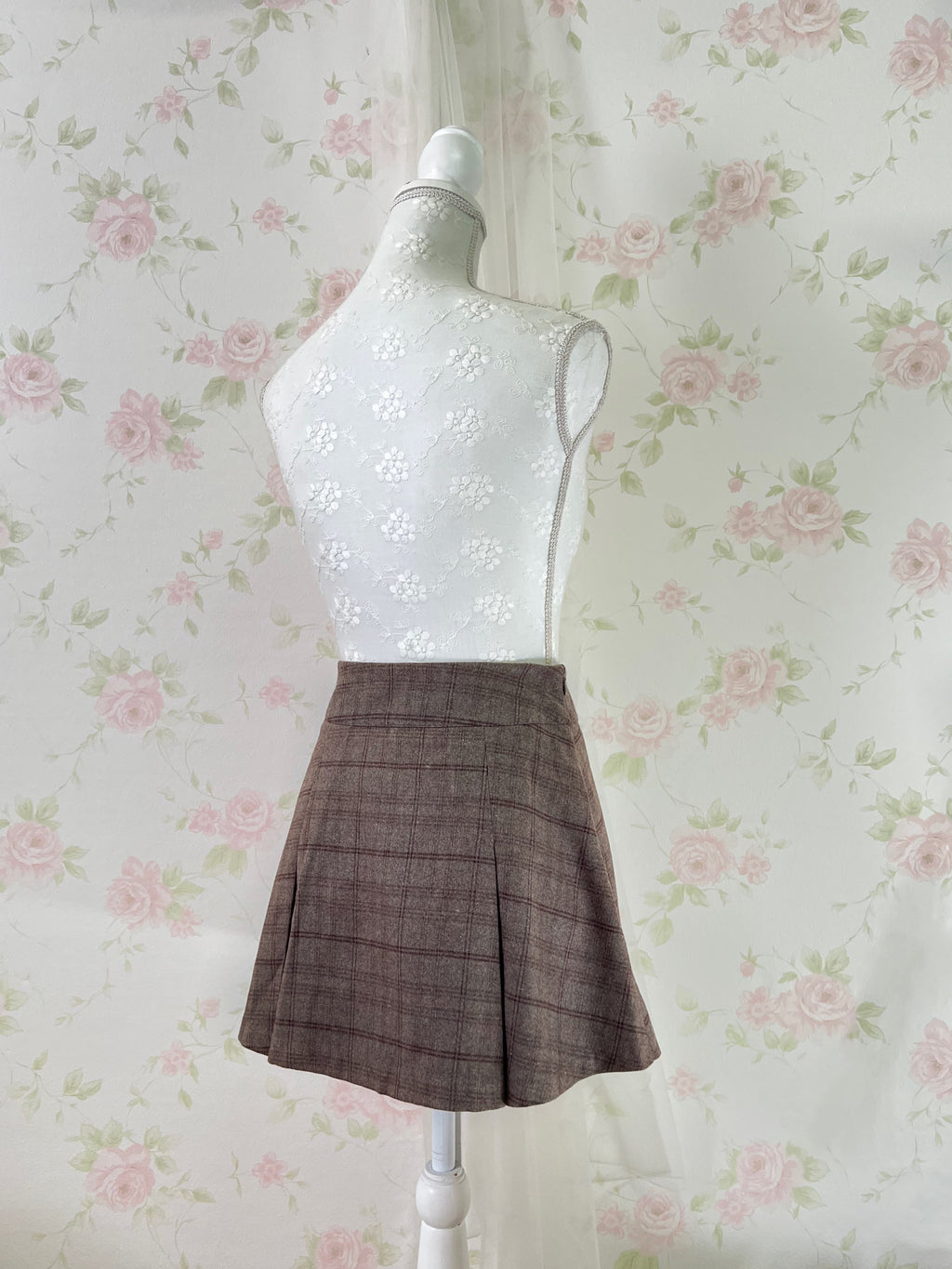 Trapezoid Slit Checked Skirt (Smoky Brown)