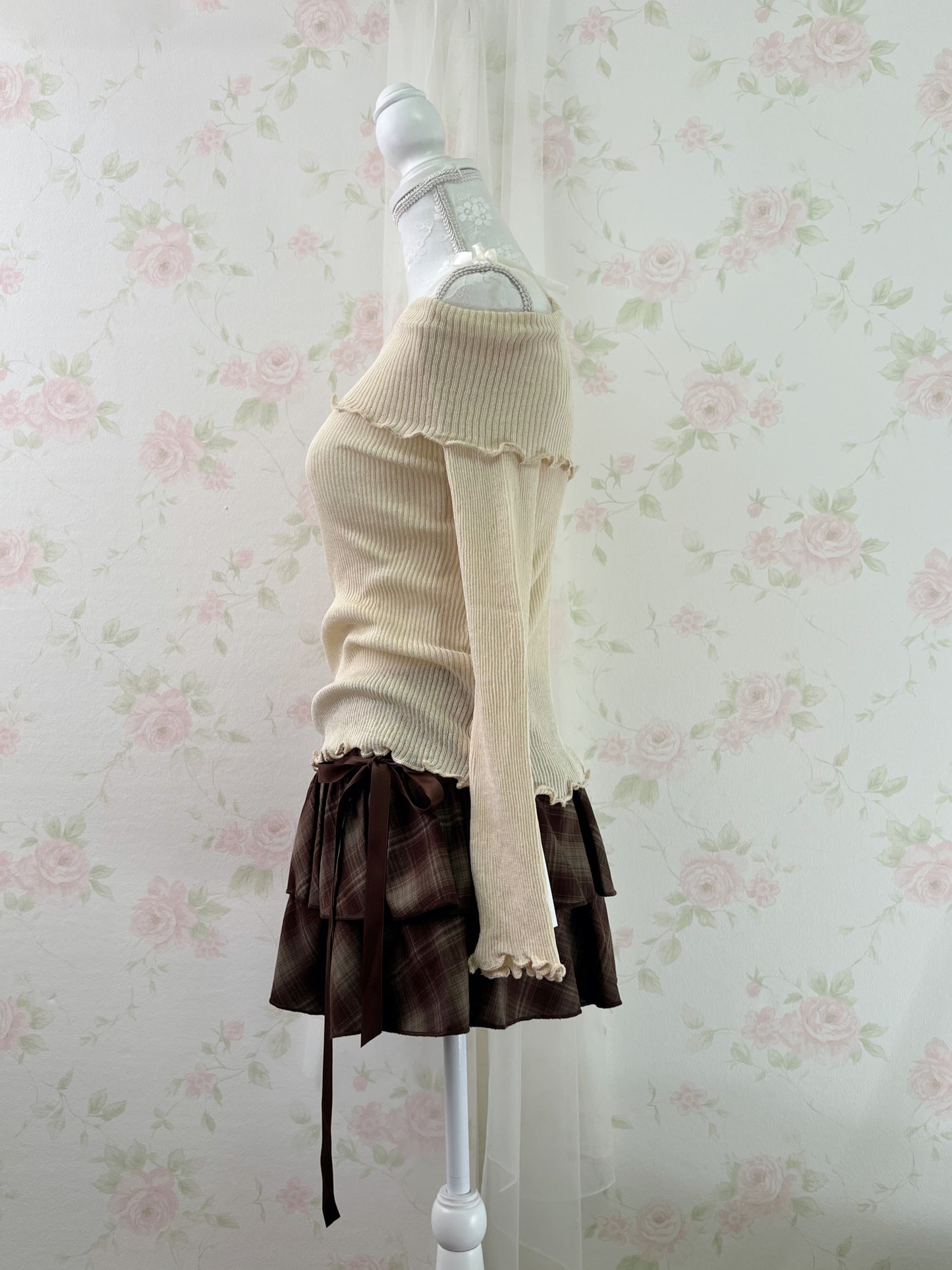 Side Bow Checked Shoujo Mini Skirt (Brown)