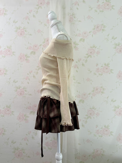 Side Bow Checked Shoujo Mini Skirt (Brown)