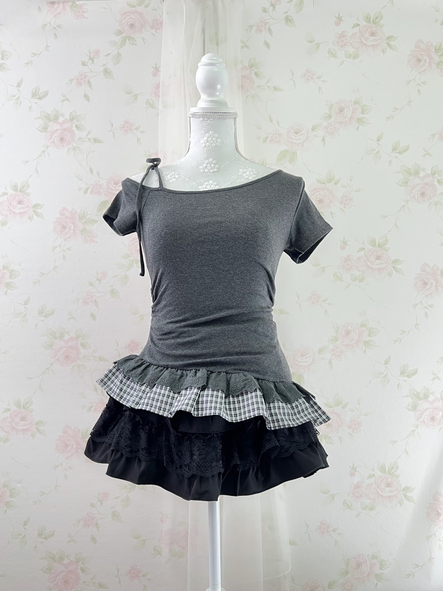 GRL Checked Ruffled Hem One Shoulder T-shirt