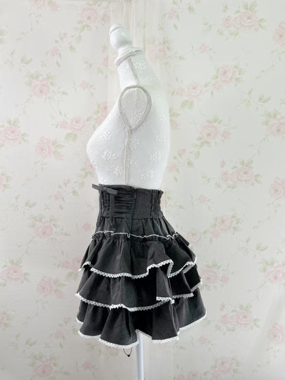 Pium Tiered High Waist Side Bow Skirt (Dark Gray)