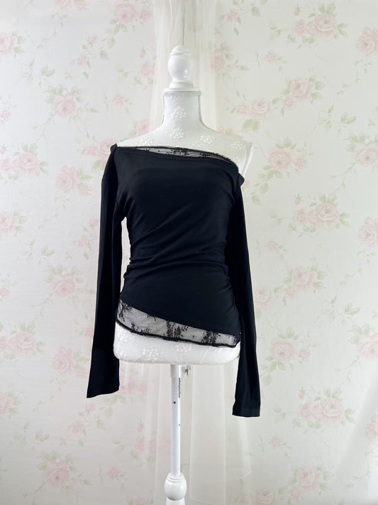 GRL Lacy Tulle Long Sleeved One Shoulder Top