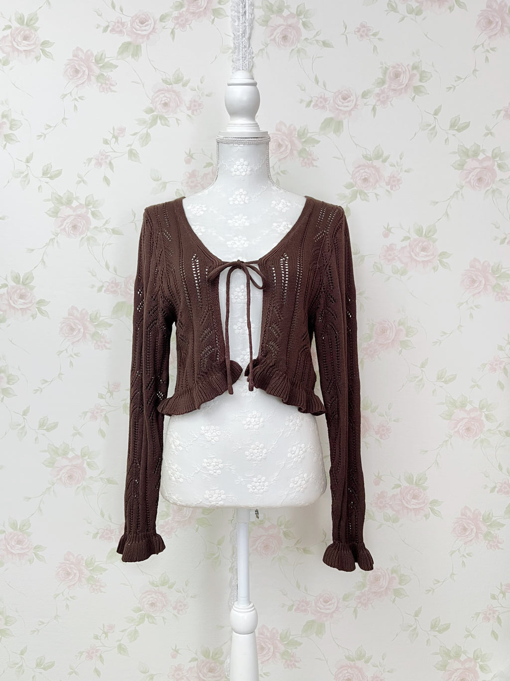 Crocheted Front String Cardigan (Chocolate)