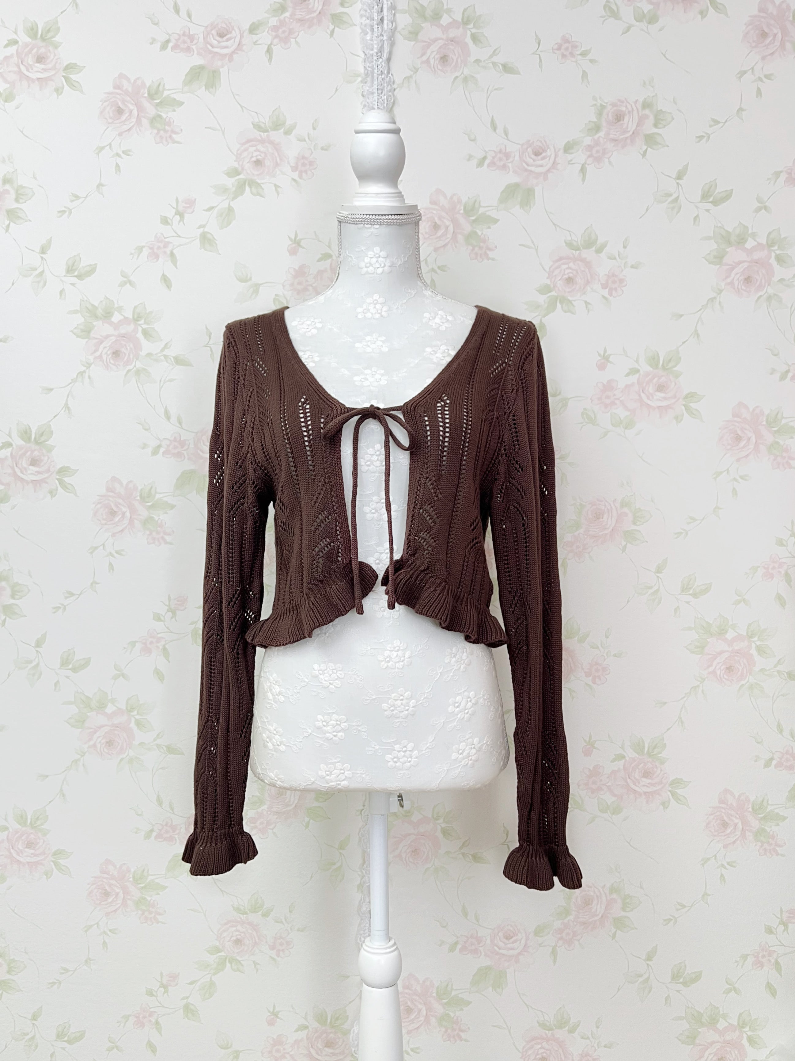 Crocheted Front String Cardigan (Chocolate)