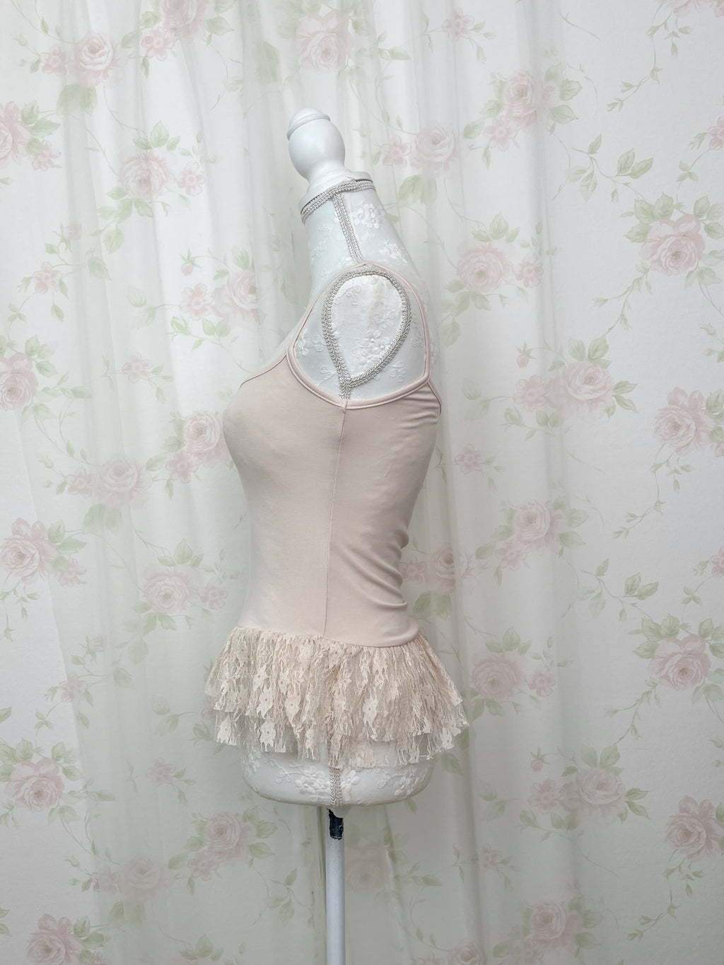 One Shoulder Knit Lace Camisole Set (Pink Beige)