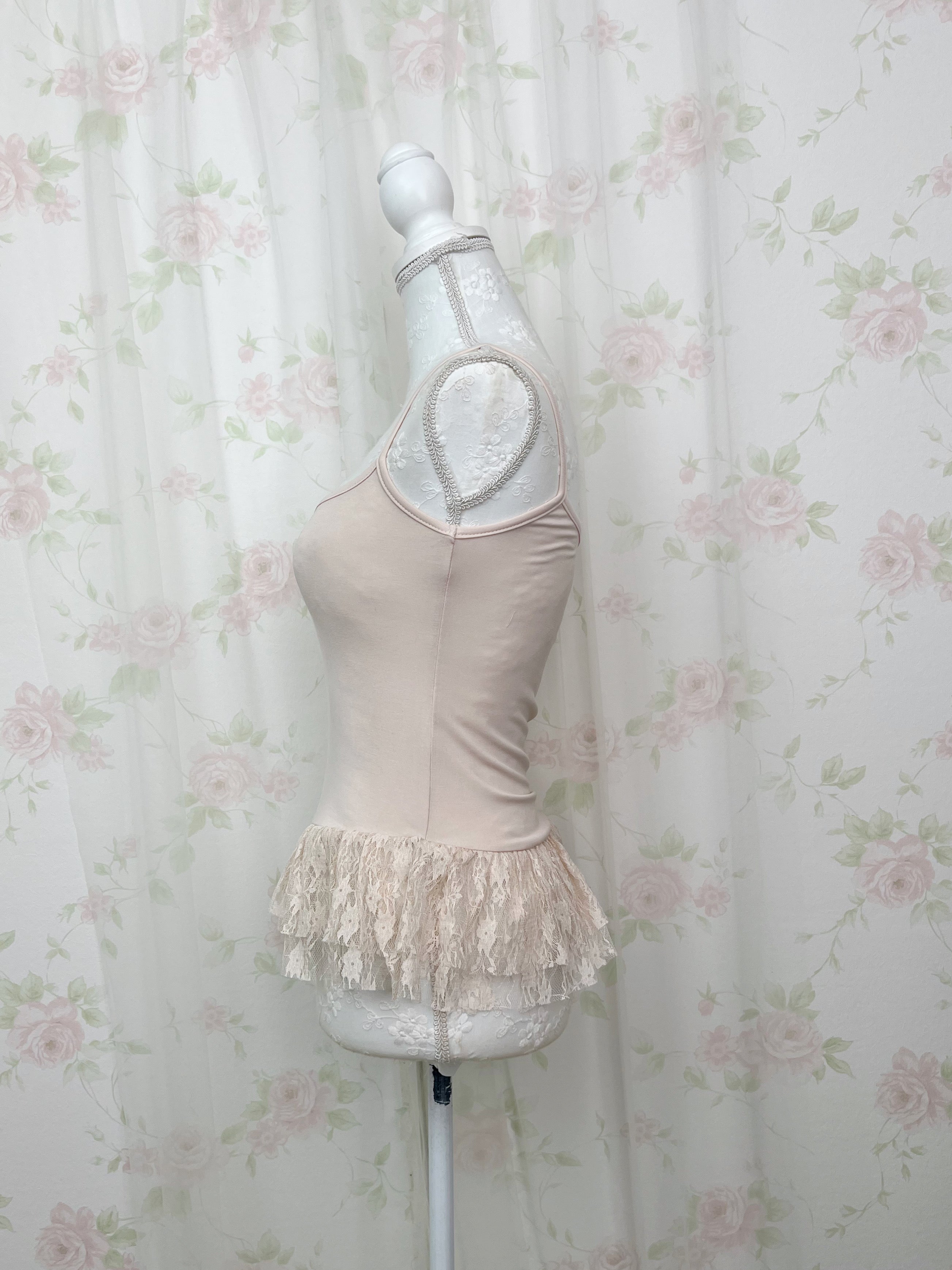 One Shoulder Knit Lace Camisole Set (Pink Beige)