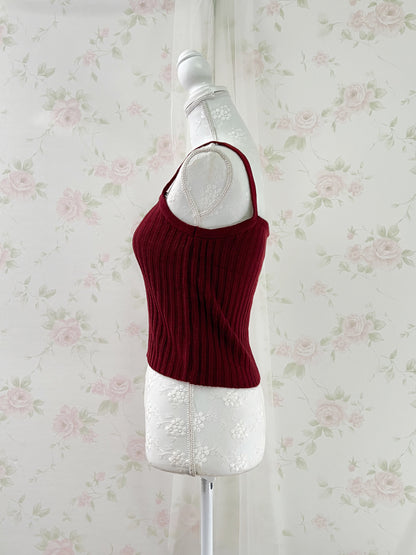 GRL Ruffled Hem Knitted Camisole Cardigan Set (Strawberry Red)