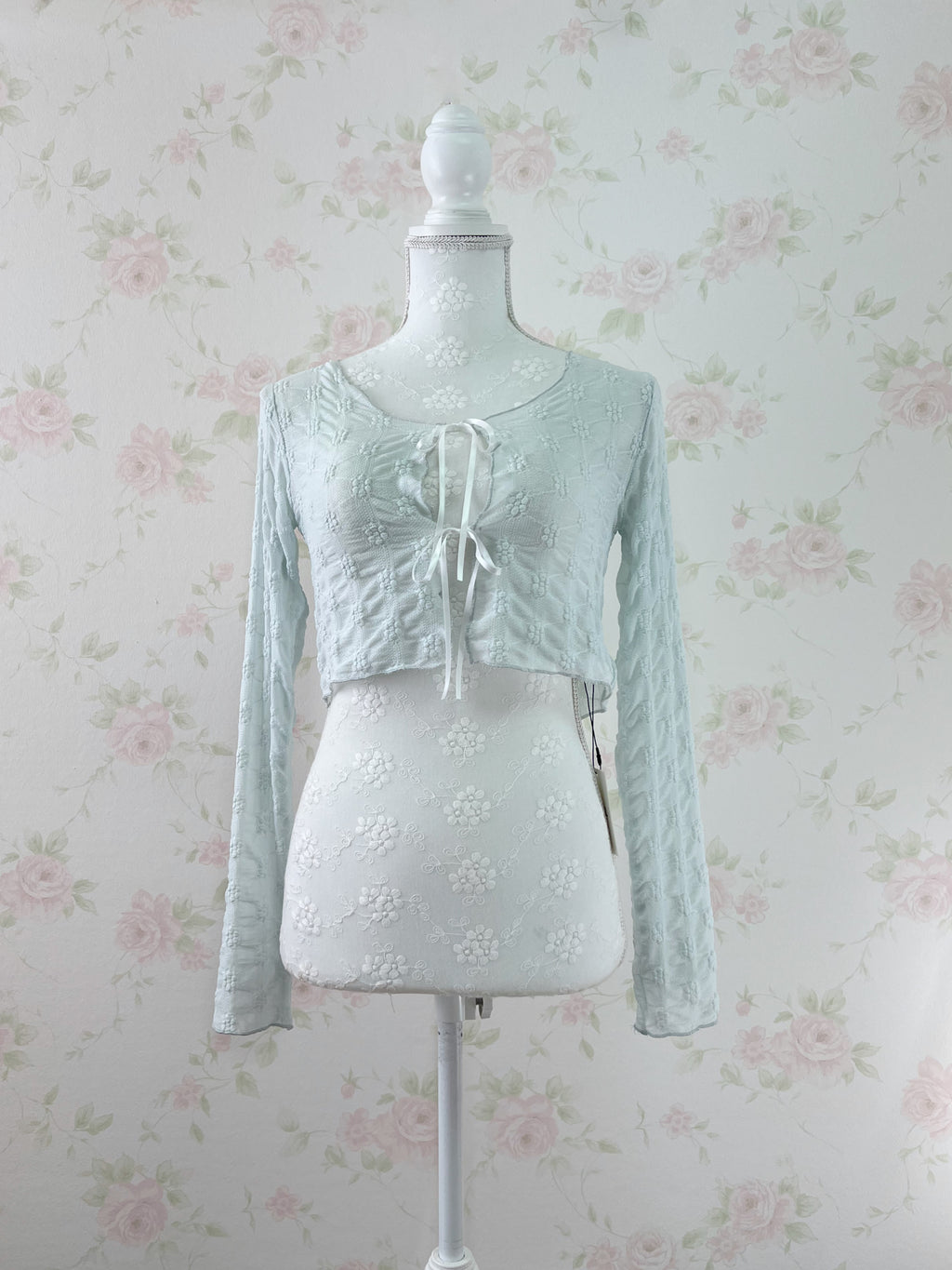 Floral Embroidery Ribbon Cardigan (Mint Blue)