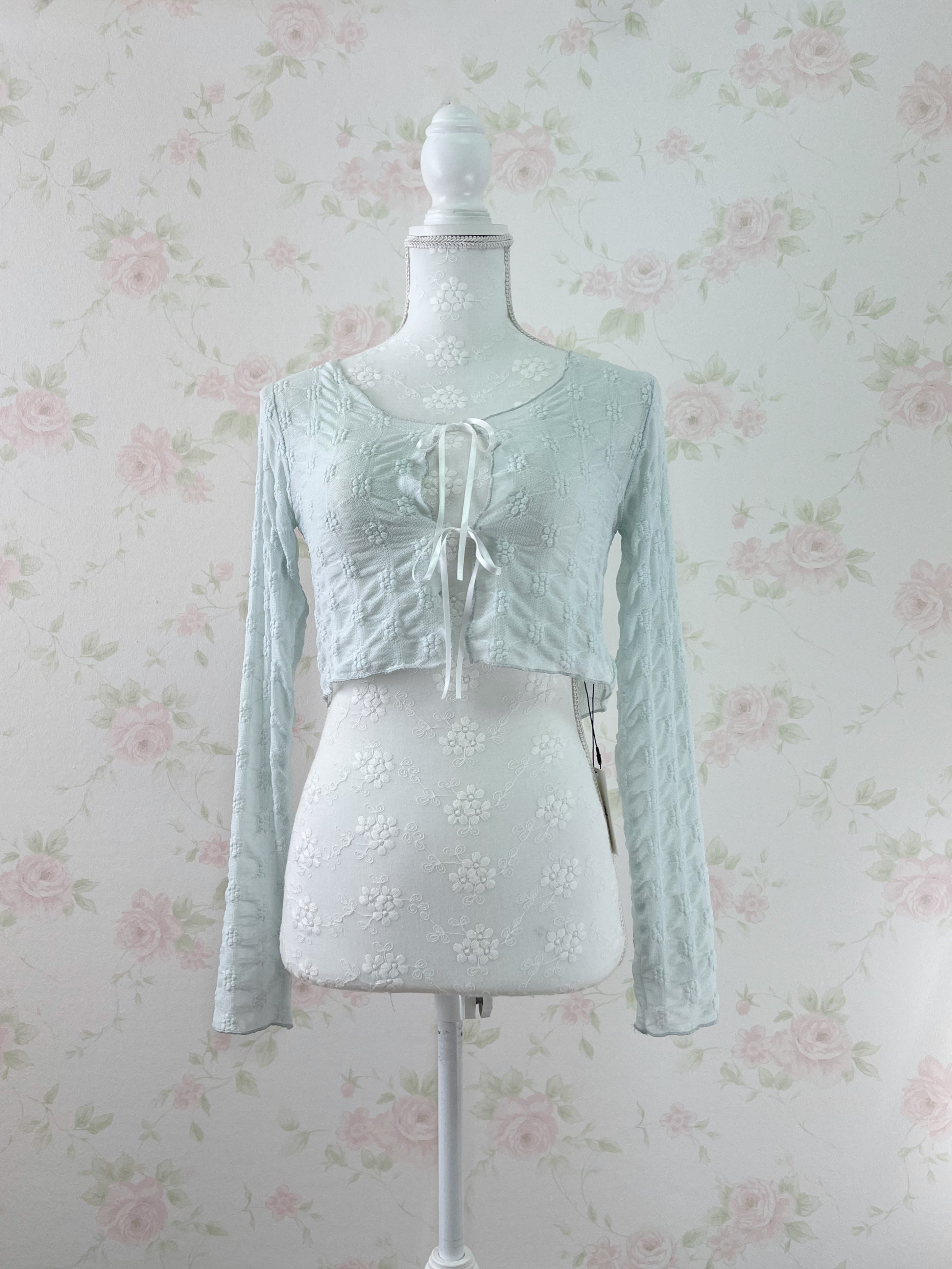 Floral Embroidery Ribbon Cardigan (Mint Blue)