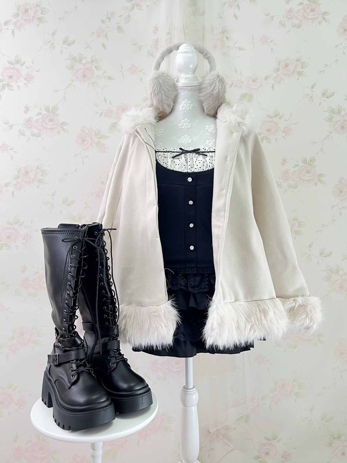 GRL Fake Fur Hood Poncho Coat (Ivory)