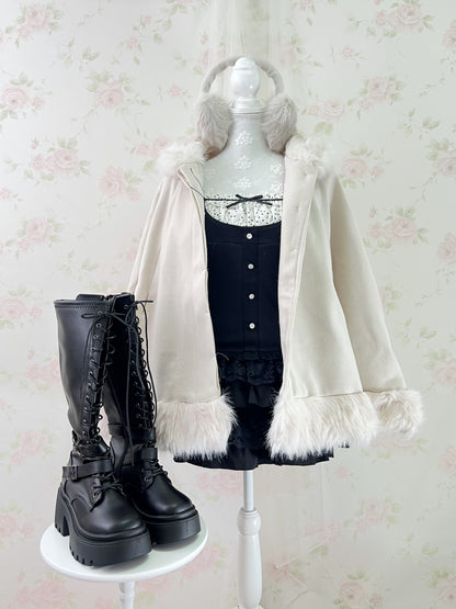 GRL Fake Fur Hood Poncho Coat (Ivory)
