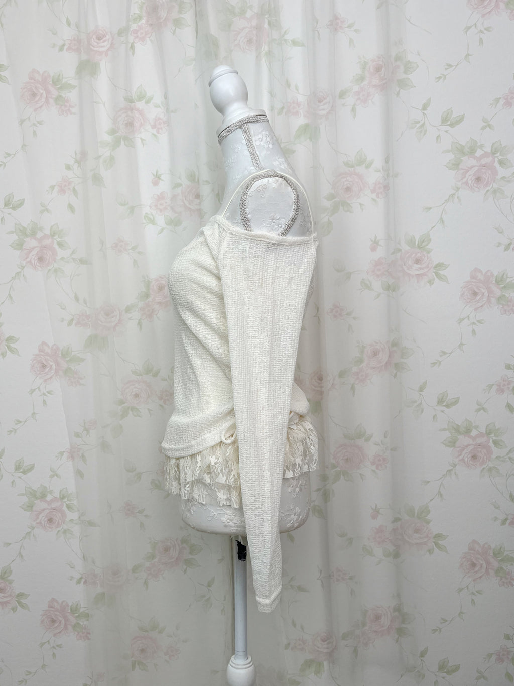 One Shoulder Knit Lace Camisole Set (Ivory)