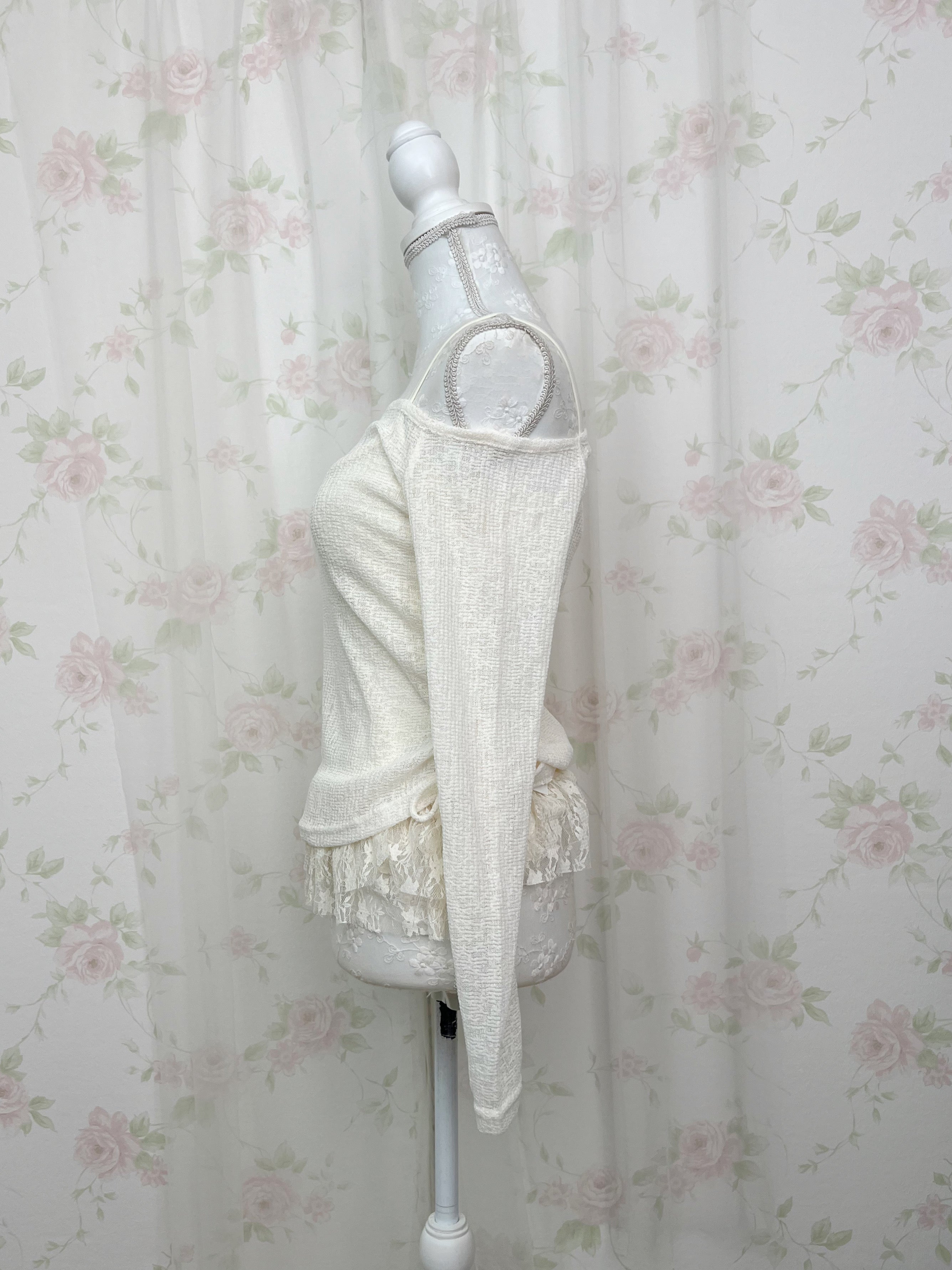 One Shoulder Knit Lace Camisole Set (Ivory)