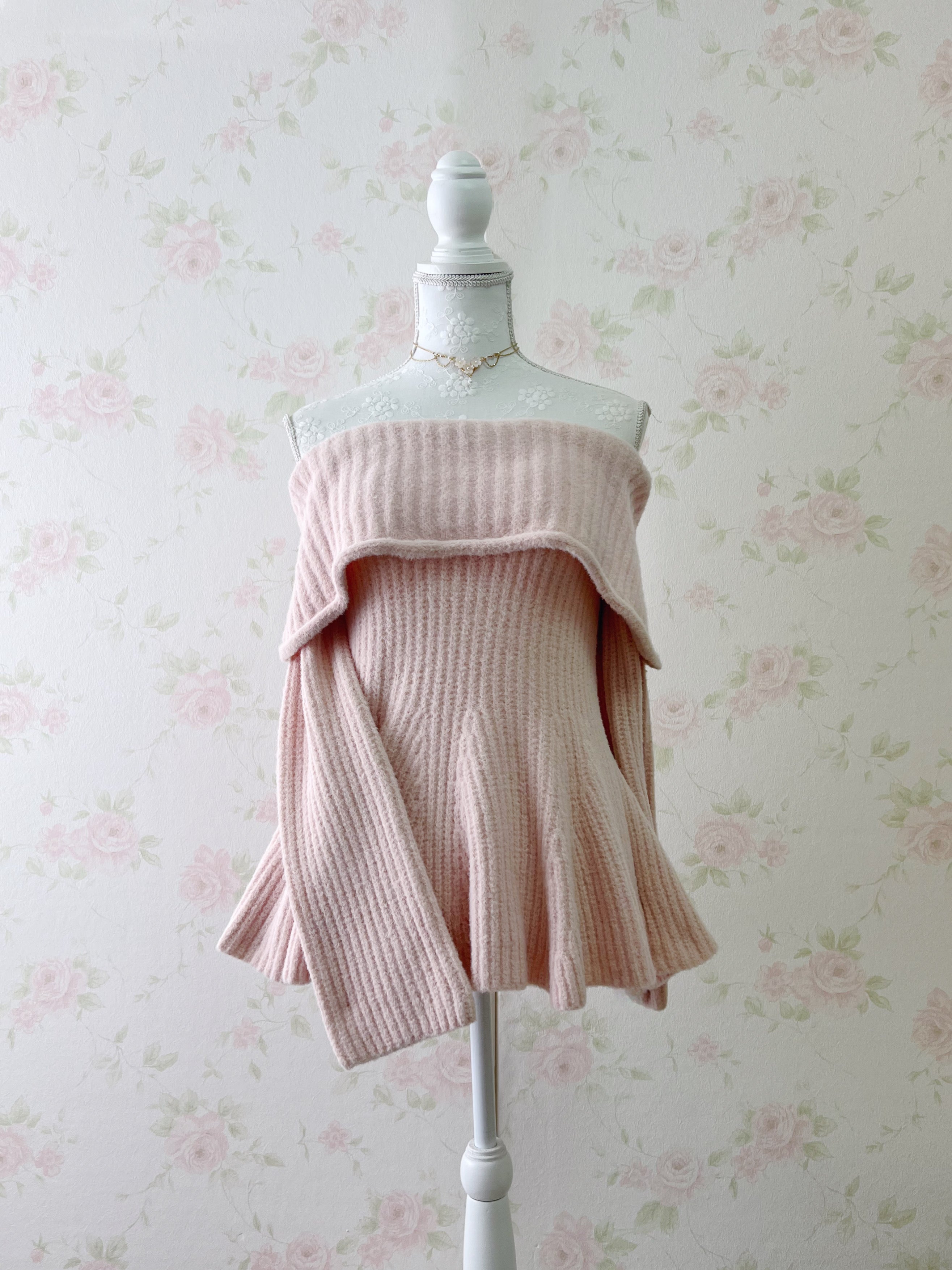 Off Shoulder Wide Sleeved Knit Top (Sakura Pink)