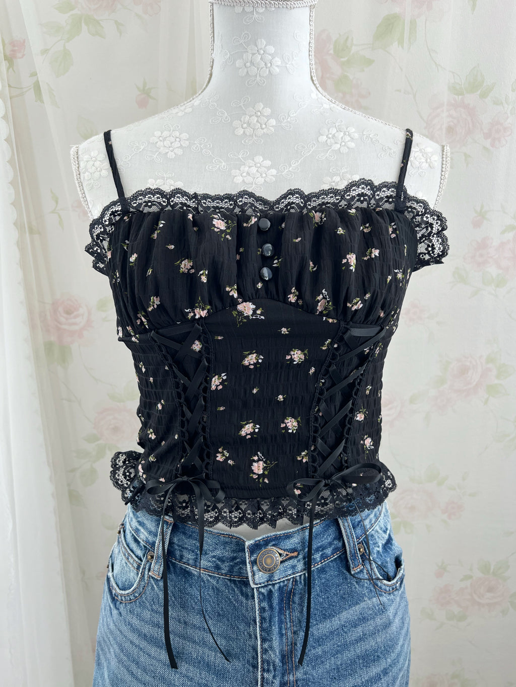 Petite Floral Laced Up Camisole (Black)
