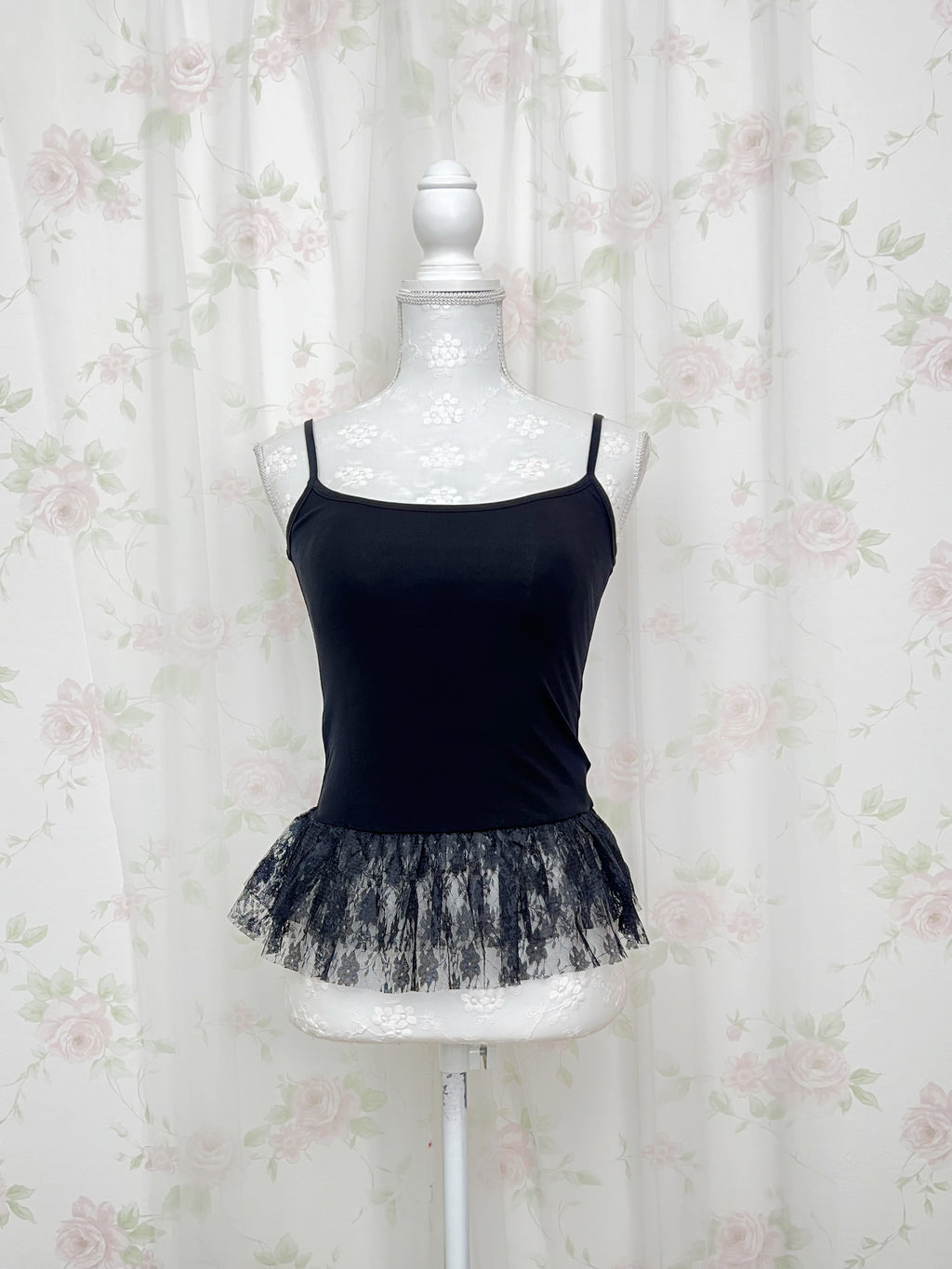 One Shoulder Knit Lace Camisole Set (Black)