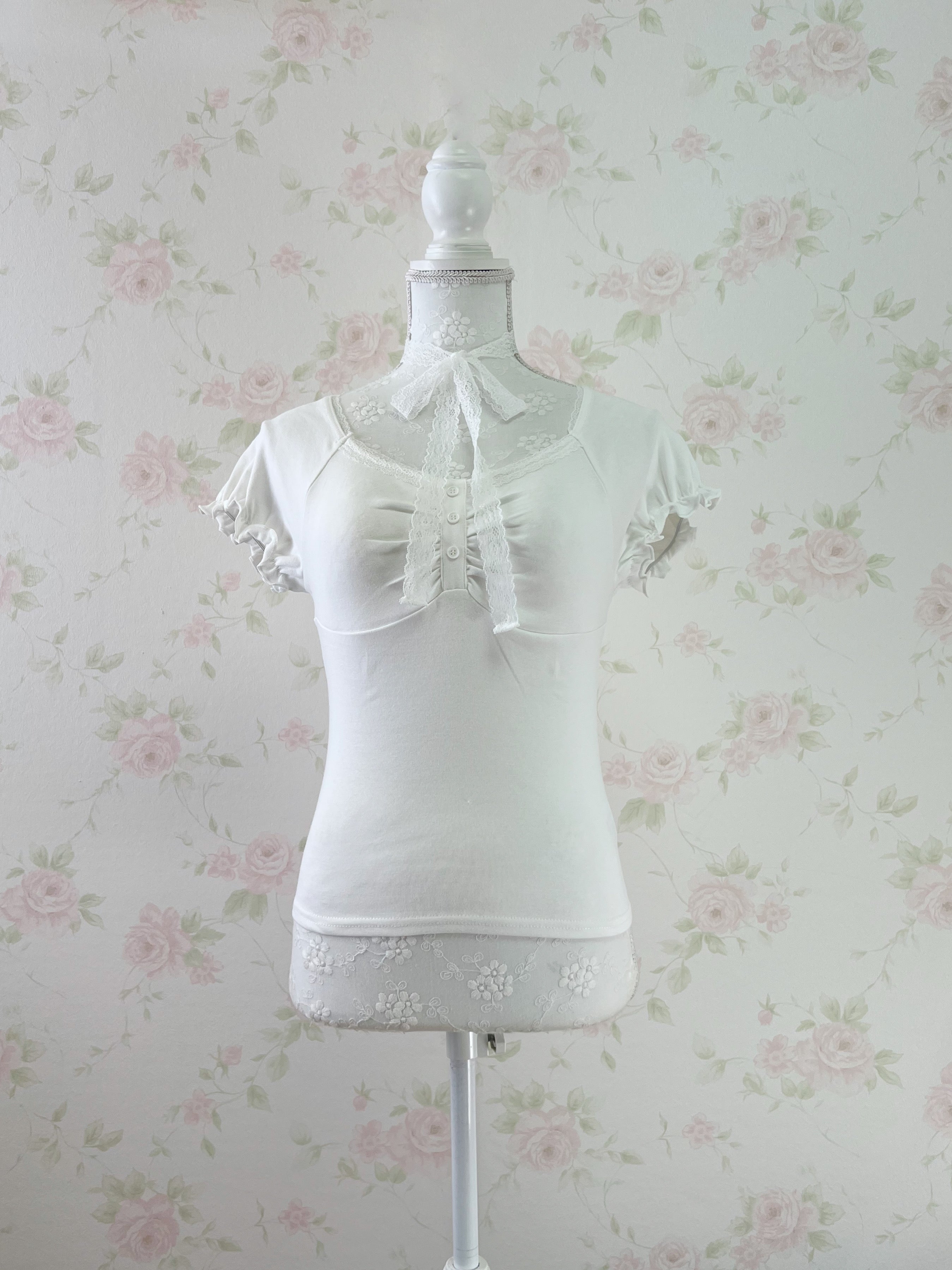 Lace Choker Girly Cotton T-Shirt  (White)