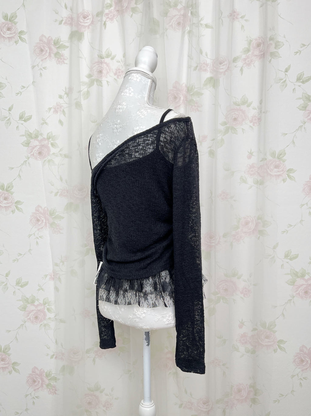 One Shoulder Knit Lace Camisole Set (Black)
