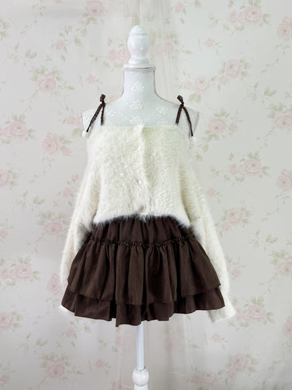 MultiPal Store Original Pom Pom Lace Strap Shaggy Sweater (Ivory)