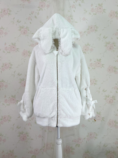 Bunny Ear Laced Up Sleeve Hoodie（White)