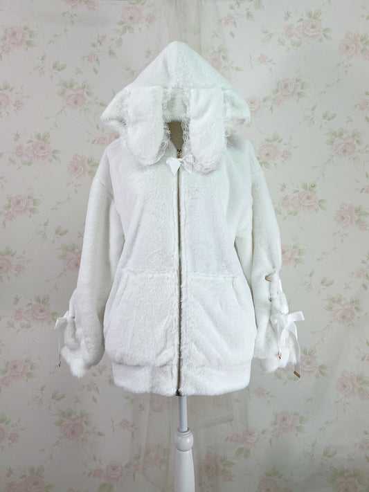 Bunny Ear Laced Up Sleeve Hoodie（White)