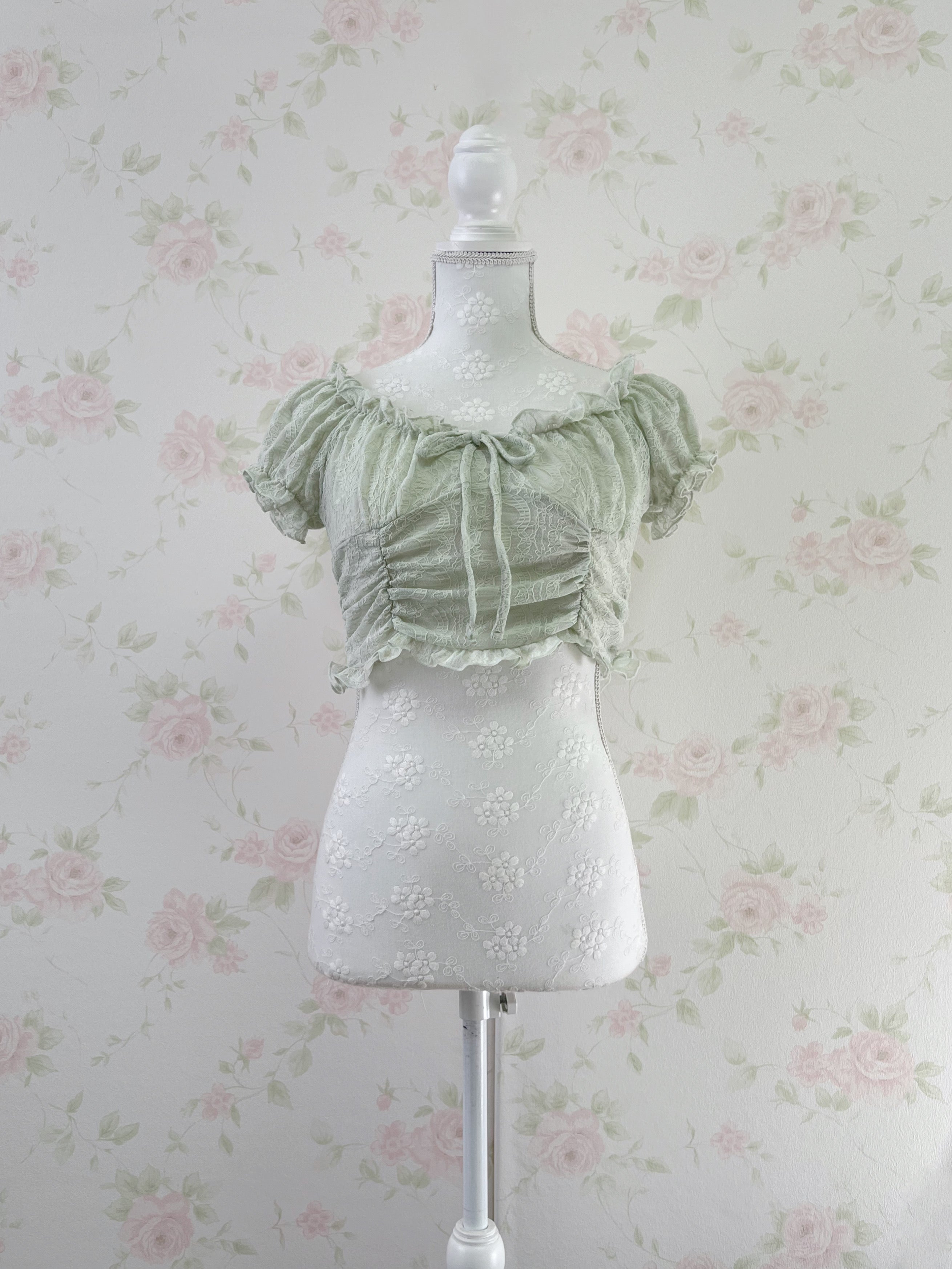 2 Way Shoulder Lacy Top (Mint Green)