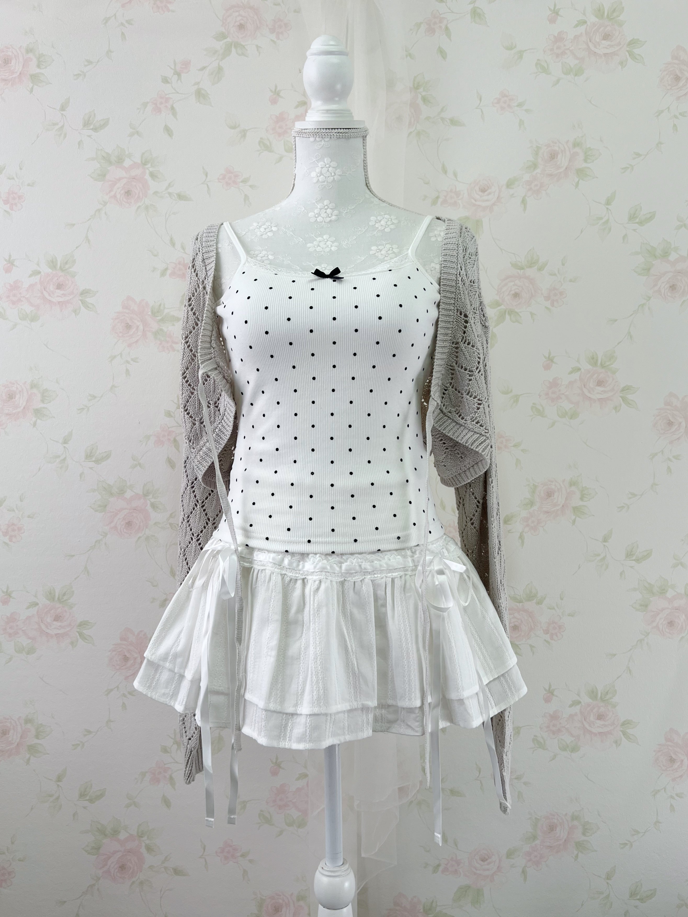 Lace Bow Polka Dot Camisole With Cups (White)