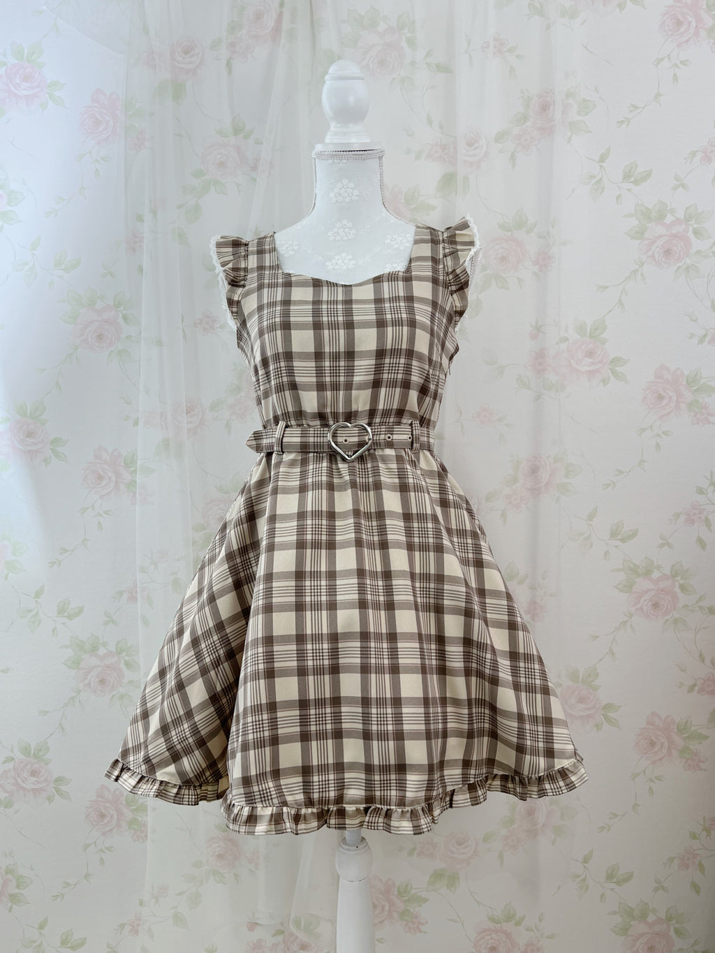 Honey Cinnamon Heart Buckle Belt Checked Dress