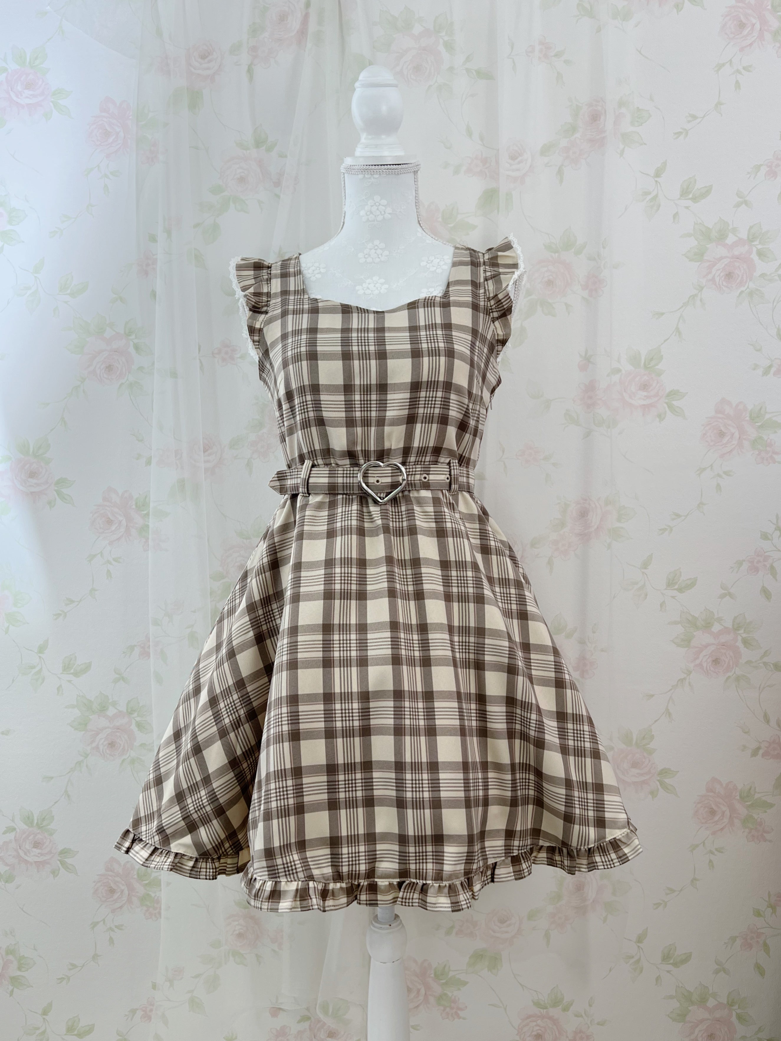 Honey Cinnamon Heart Buckle Belt Checked Dress