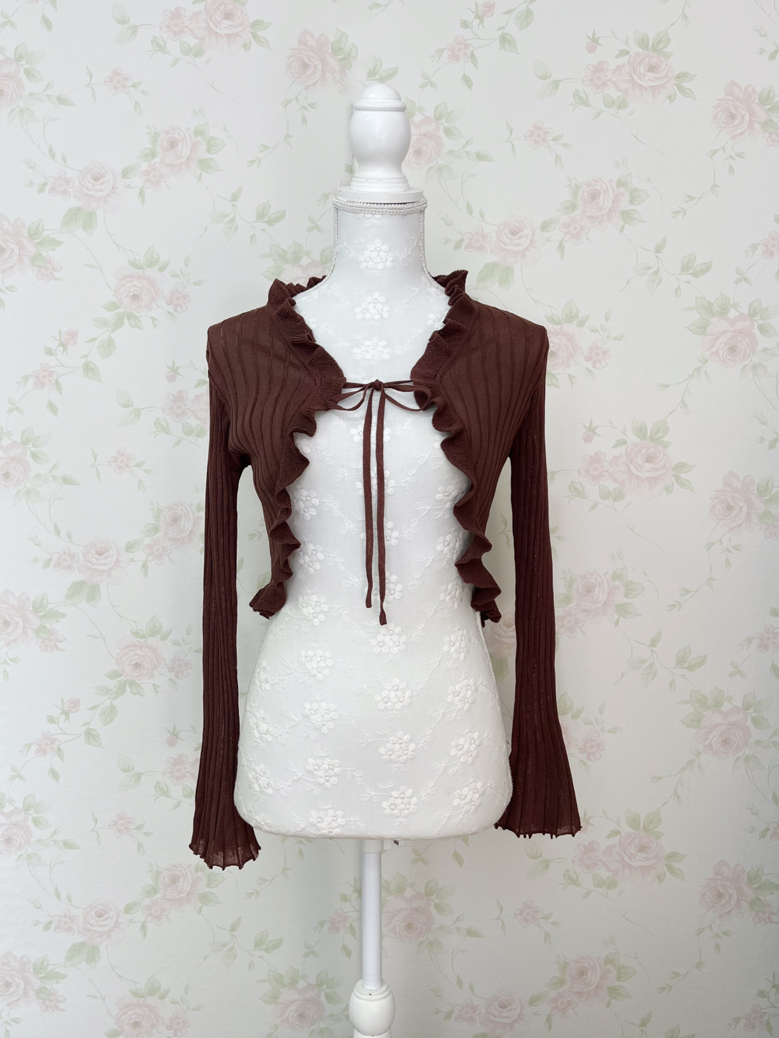 Bell Sleeved Front String Cardigan (Chocolate)