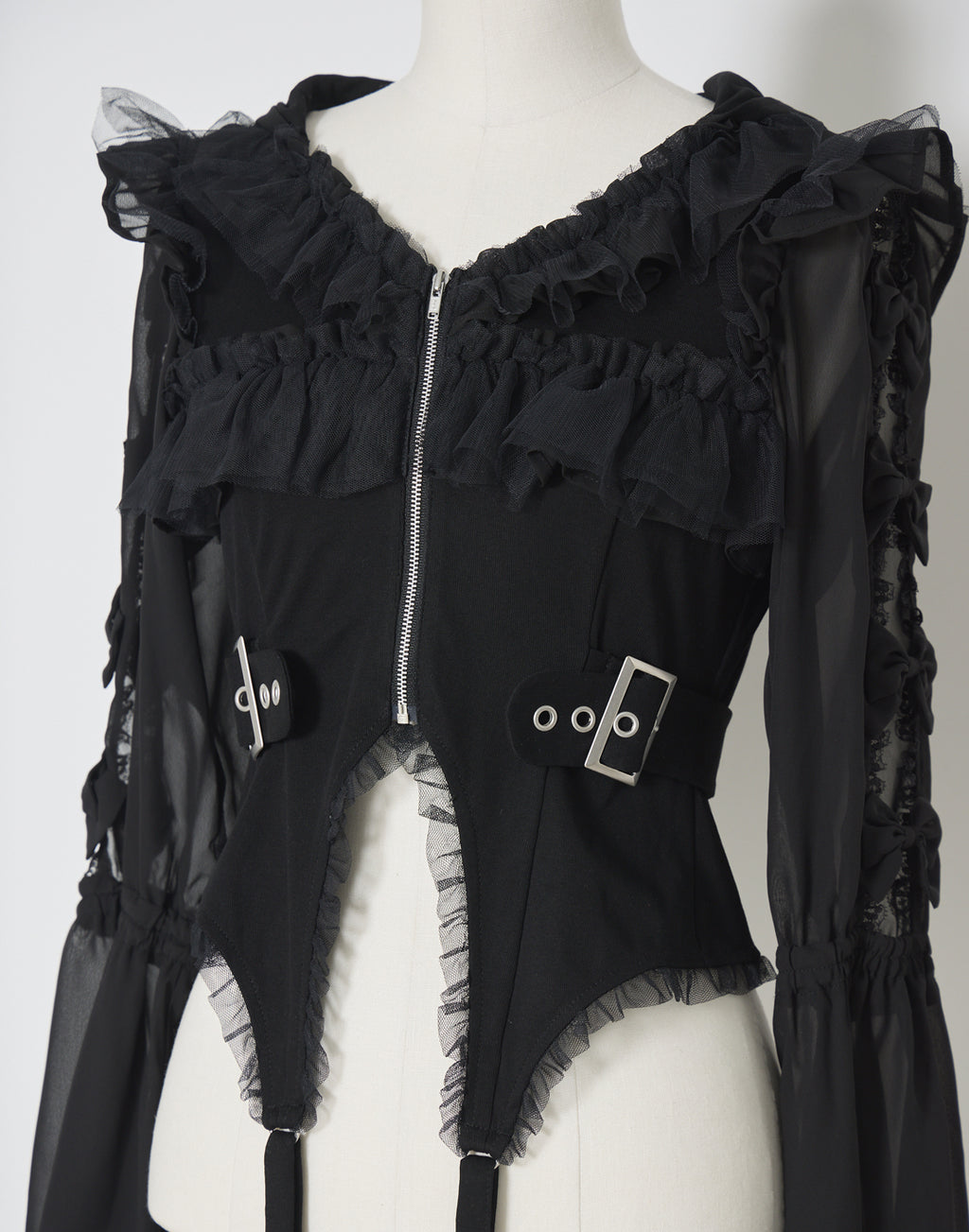 AVENCHUMU Flared sleeve ribbon and frill zip tops