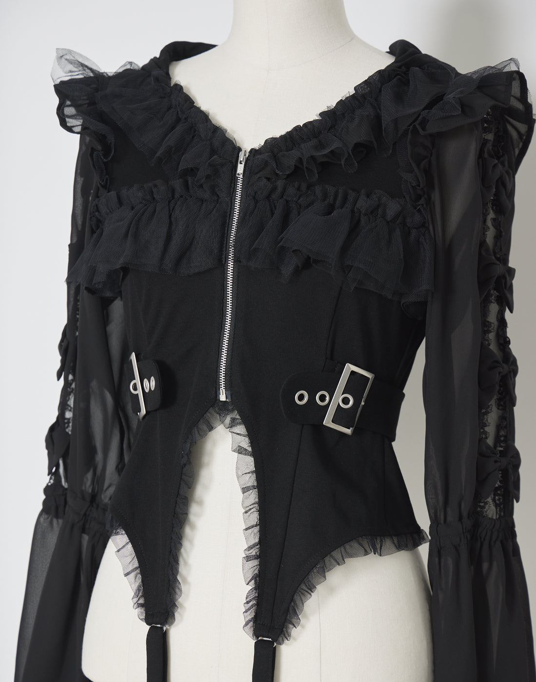 AVENCHUMU Flared sleeve ribbon and frill zip tops