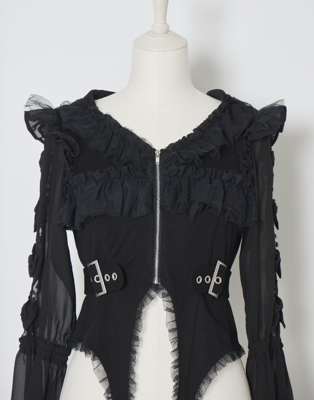 AVENCHUMU Flared sleeve ribbon and frill zip tops