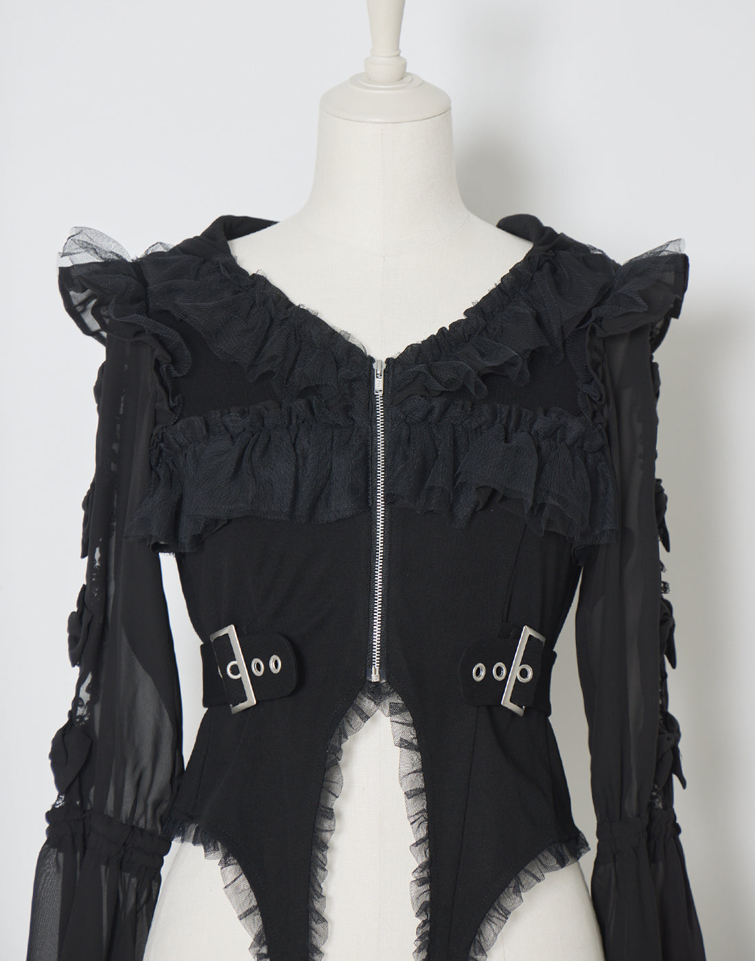 AVENCHUMU Flared sleeve ribbon and frill zip tops