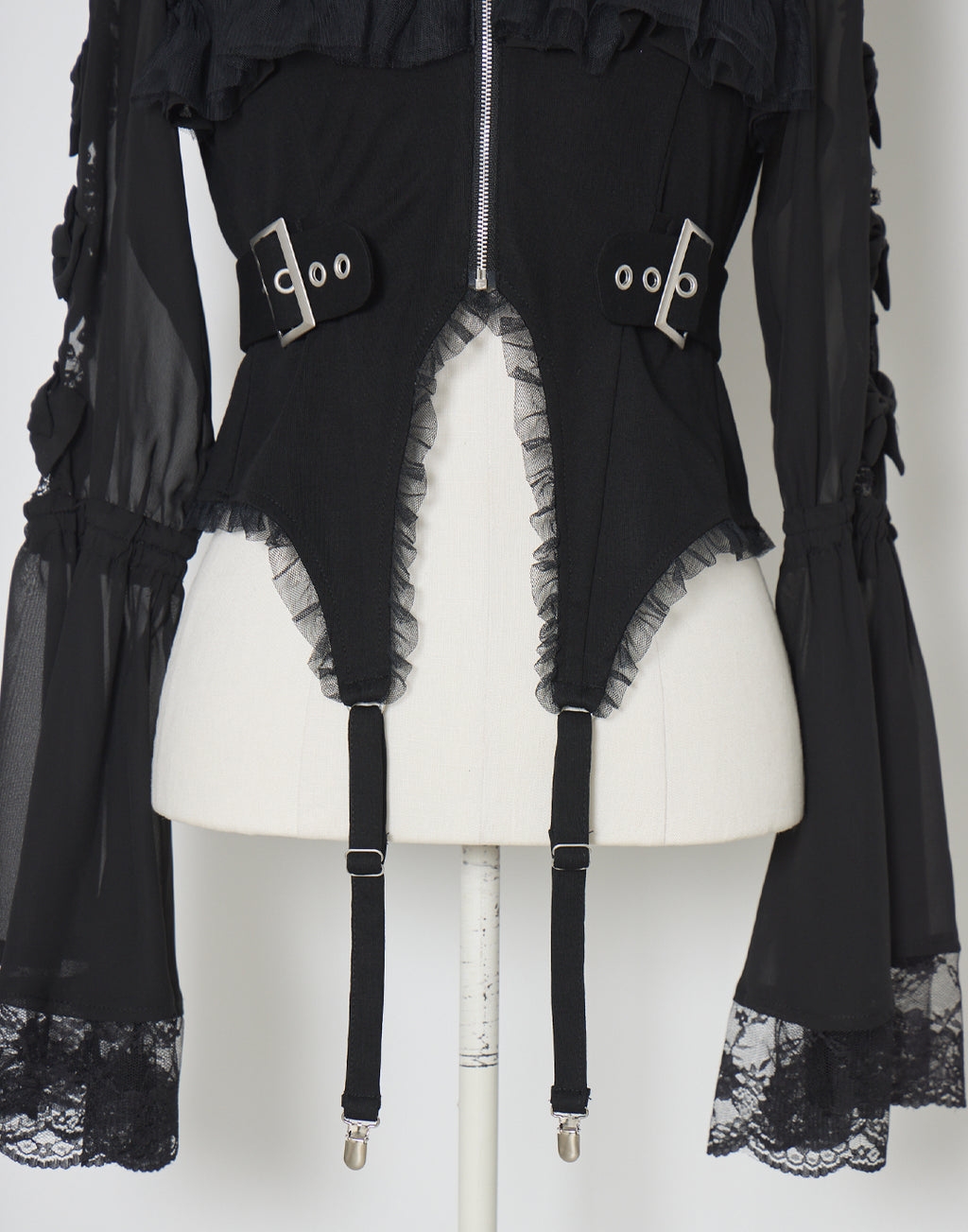 AVENCHUMU Flared sleeve ribbon and frill zip tops