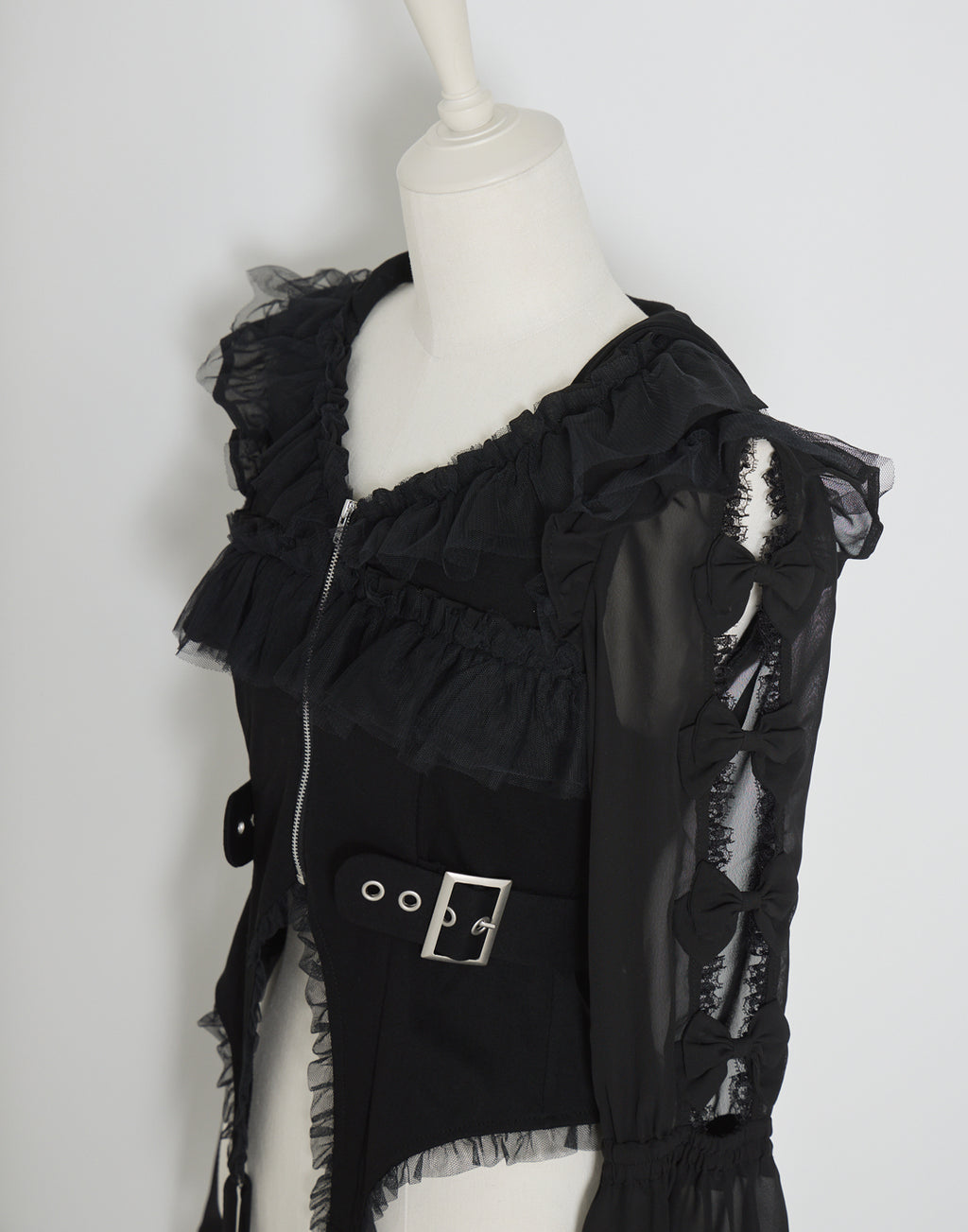 AVENCHUMU Flared sleeve ribbon and frill zip tops