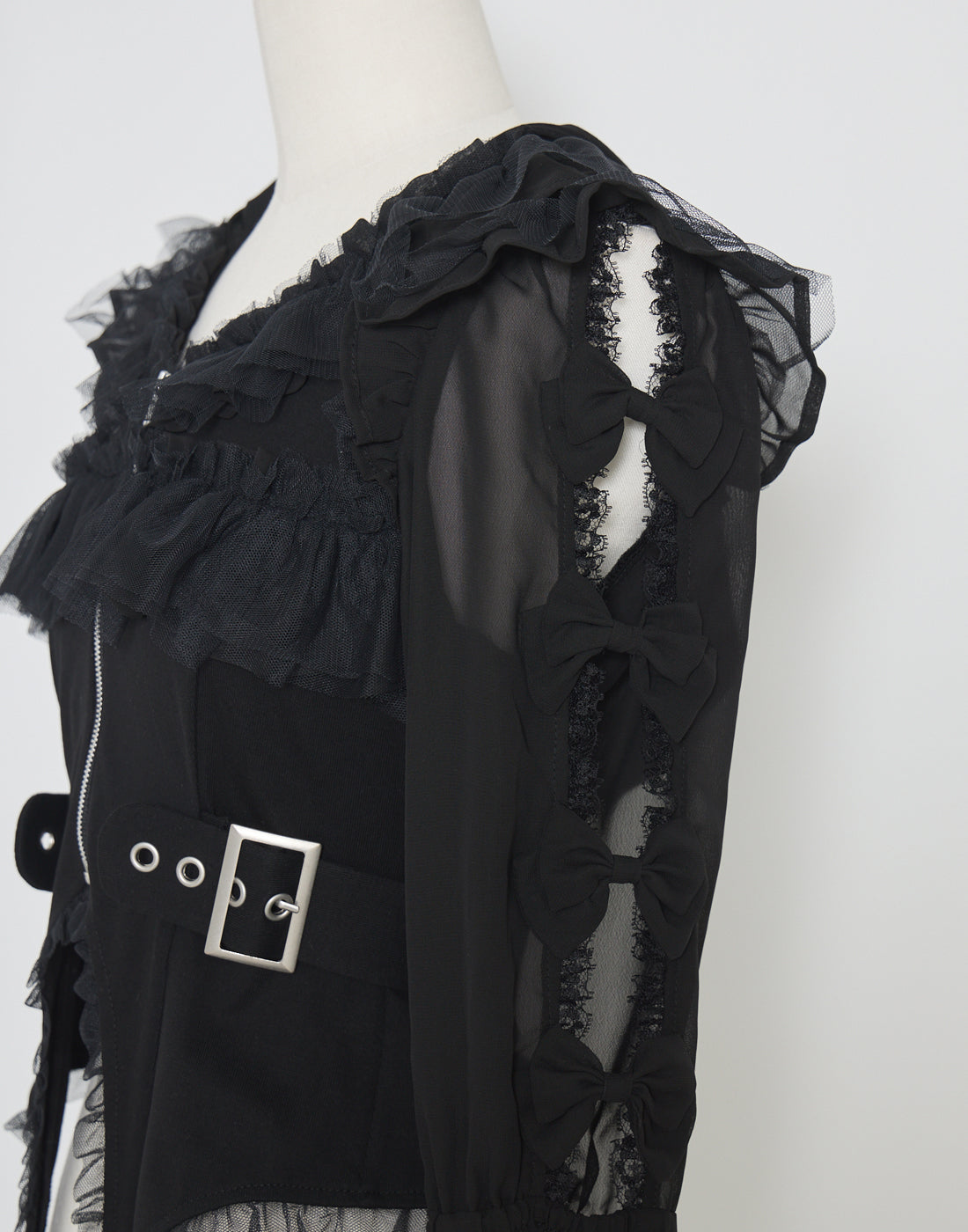 AVENCHUMU Flared sleeve ribbon and frill zip tops