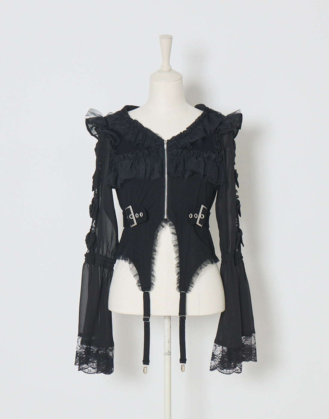 AVENCHUMU Flared sleeve ribbon and frill zip tops