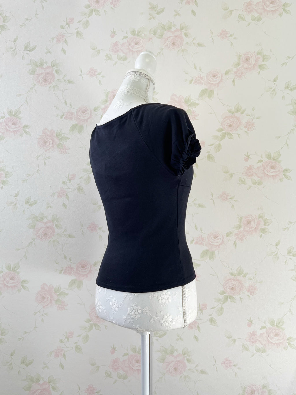 Lace Choker Girly Cotton T-Shirt  (Black)
