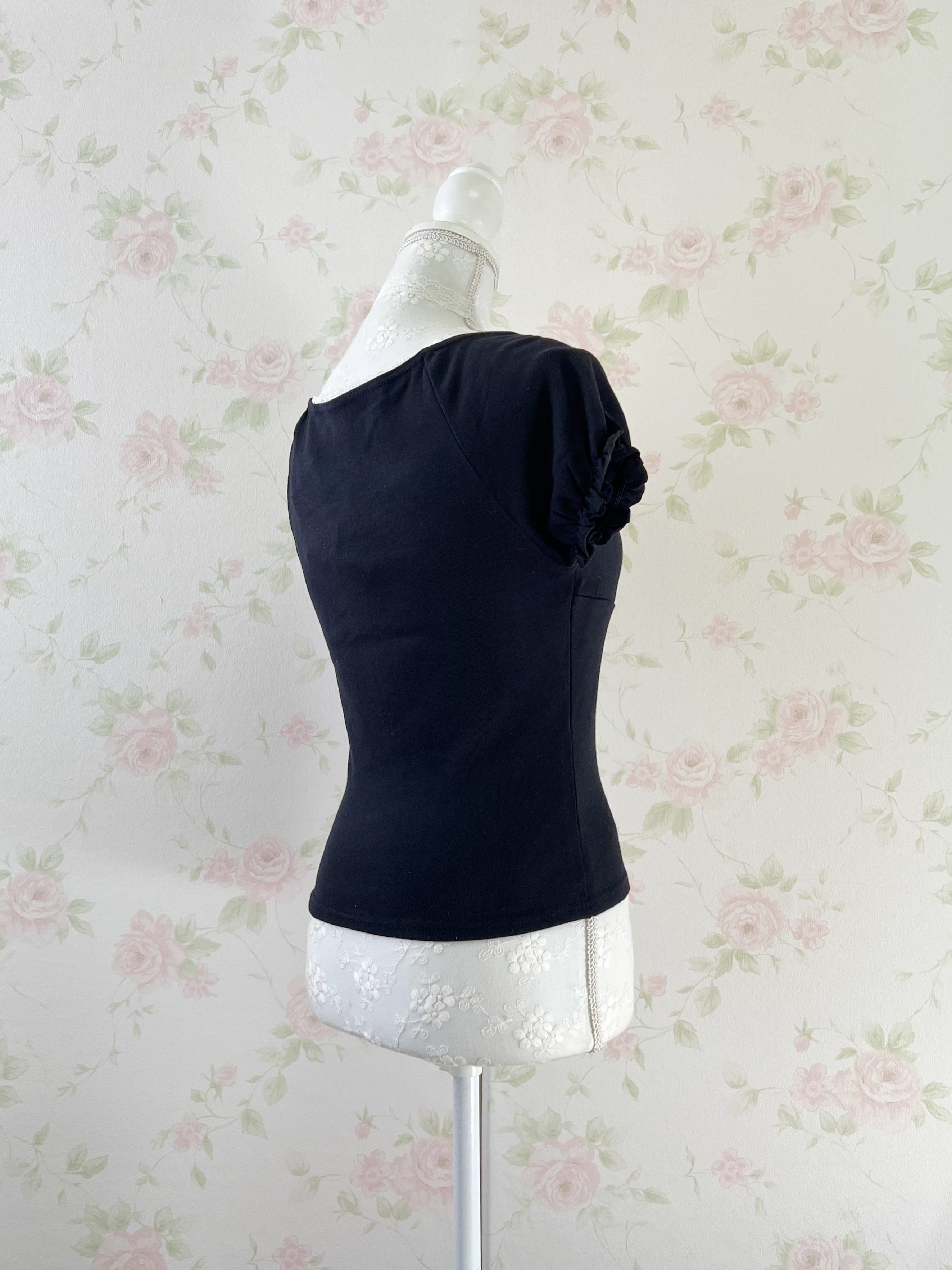 Lace Choker Girly Cotton T-Shirt  (Black)