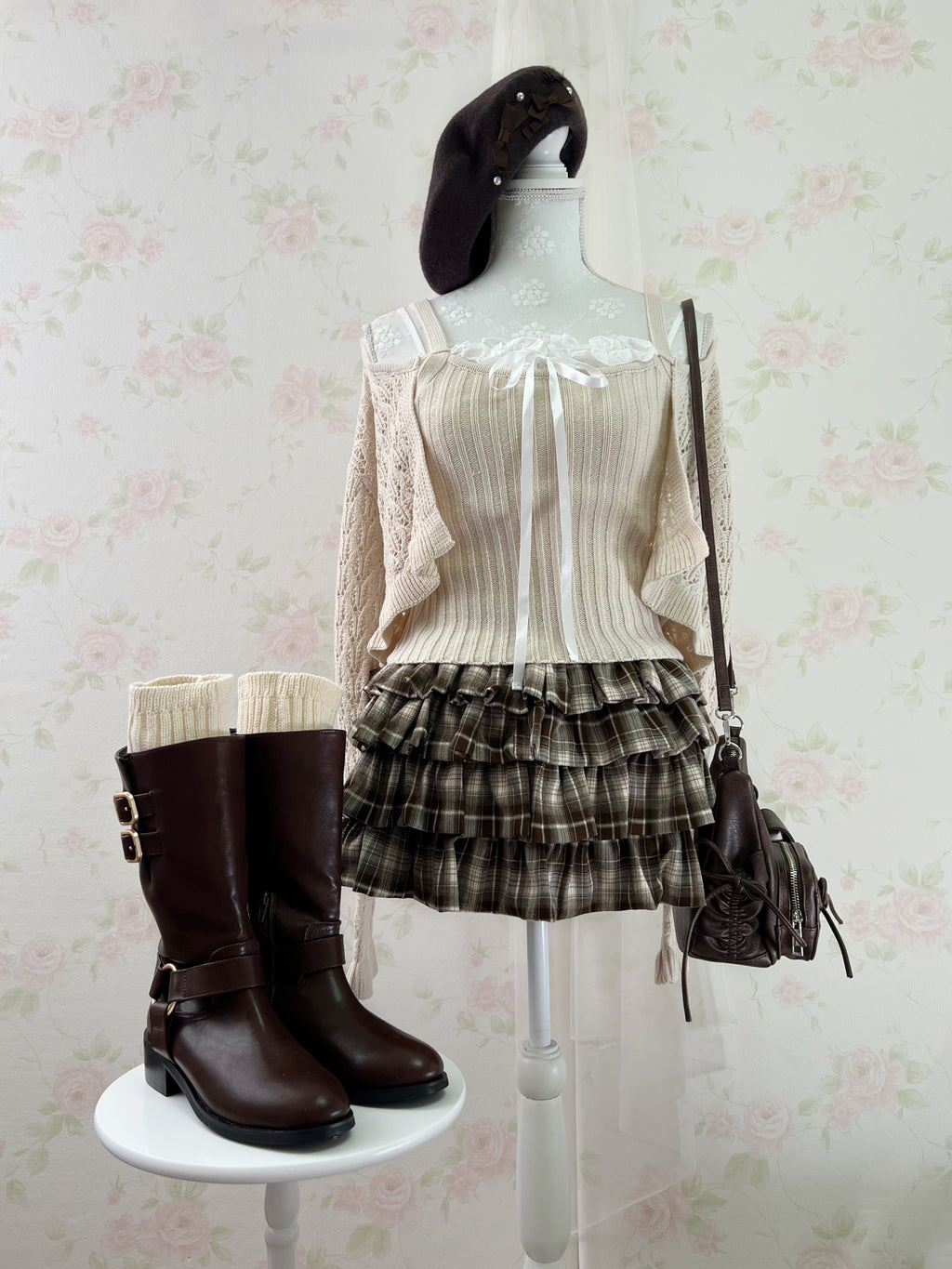 Ruffled Hem Knitted Camisole Cardigan Set (Beige)