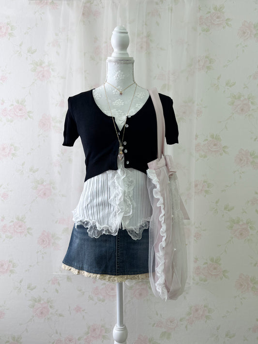 Crystal Button Short Cardigan (Black)